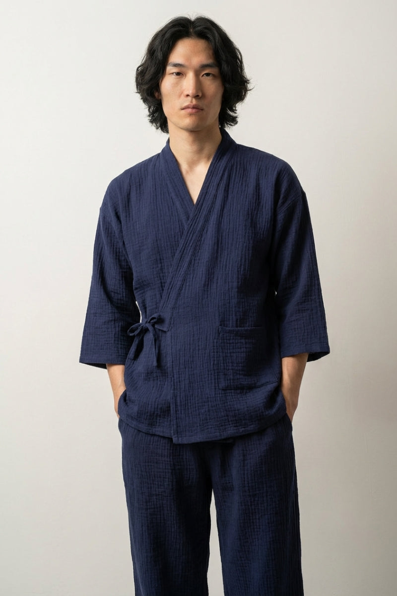 Pyjama jinbei Konryu bleu indigo ai gaze coton croisé devant manches trois-quarts pantalon cheville style streetwear japonais Japanstreet