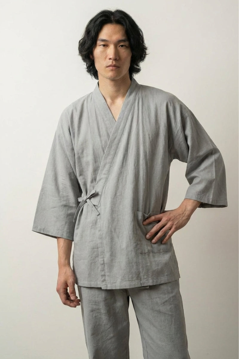 Pyjama jinbei vert Moegi lin couleur jeunes pousses sauge croisé devant manches trois-quarts pantalon cheville style streetwear japonais Japanstreet