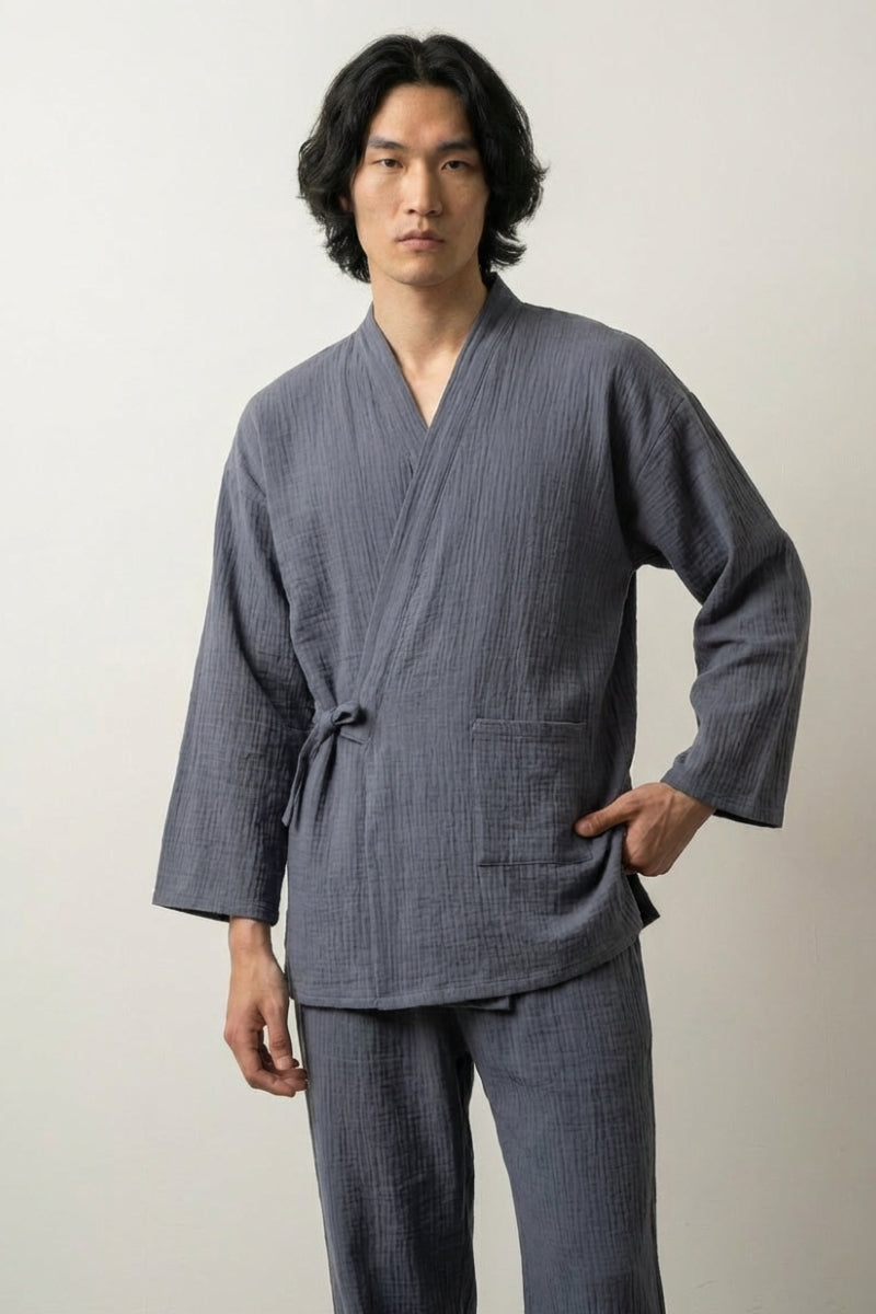 Pyjama léger japonais Aokiha bleu aoki vert mousse gaze coton respirante croisé devant manches trois-quarts pantalon cheville style streetwear japonais Japanstreet