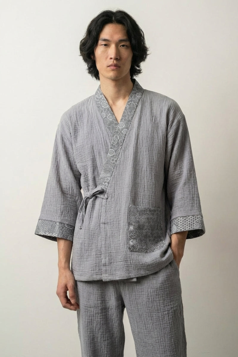 Pyjama style japonais Kikkoha motif kikko carapace tortue hexagonal gaze coton croisé devant manches trois-quarts pantalon cheville style streetwear Japanstreet