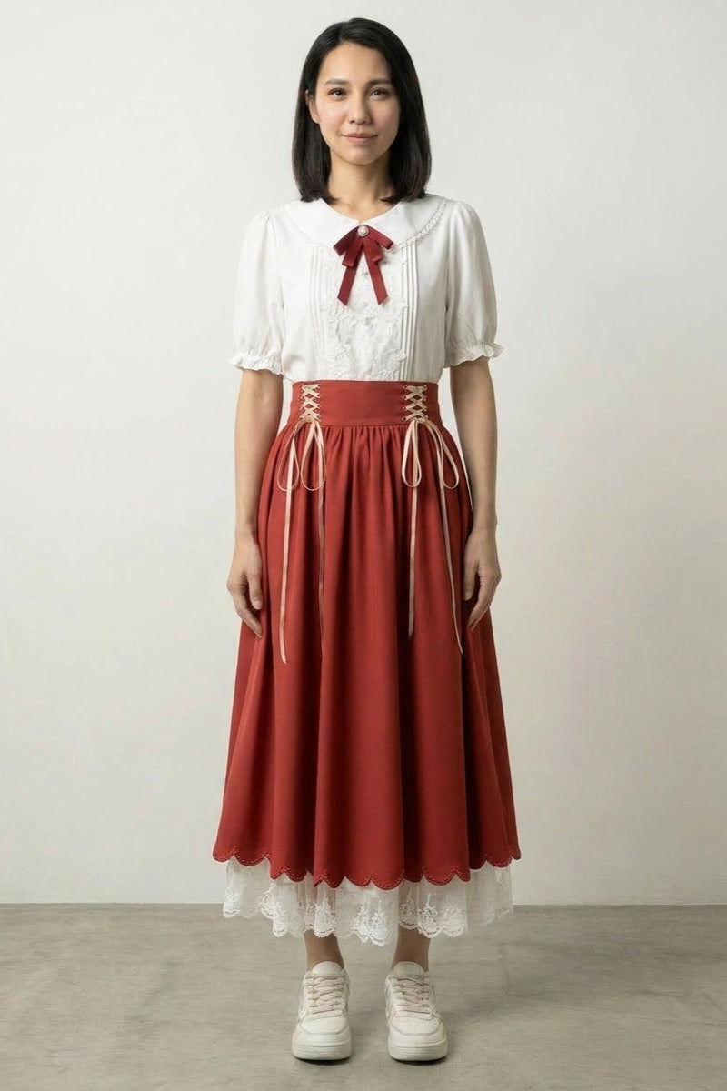 Robe corset rouge brique Akahime col Claudine dentelle haut crème ruban bordeaux jupe akairo laçage taille haute ourlet festonné Japanstreet