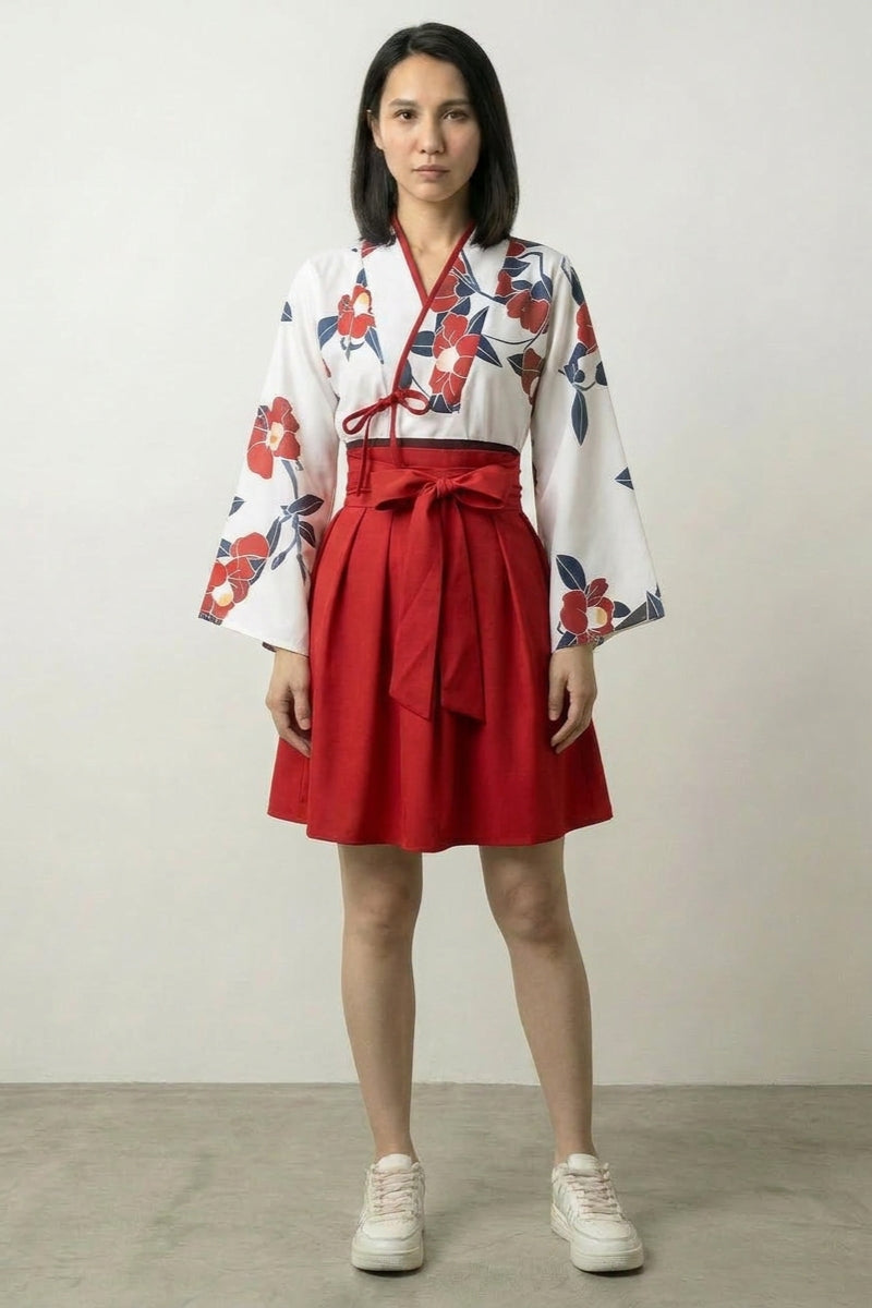 Robe du Japon Amaya kimono cache-cœur rouge fleur camélia ceinture style streetwear japonais Japanstreet