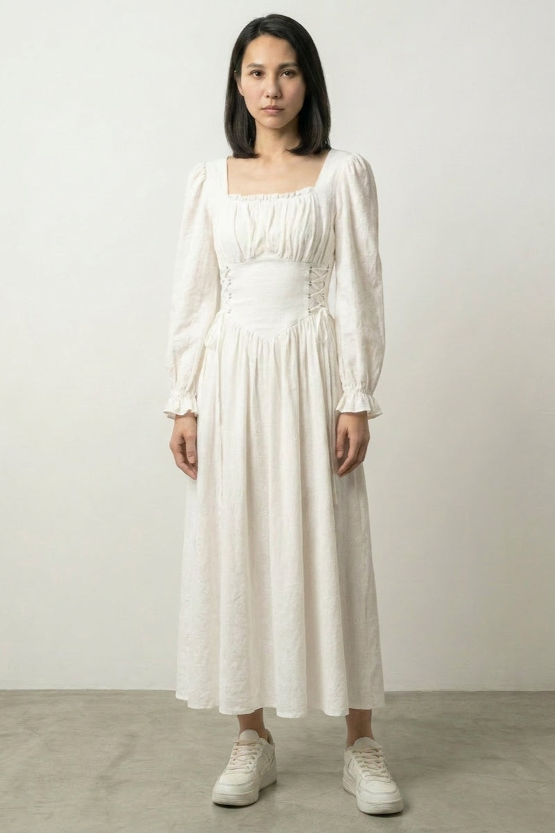 Robe bohème japonaise Onakima blanc crème, taille resserrée et manches longues bouffantes - Japanstreet