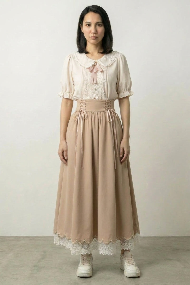 Robe japonaise crème Sōka col Claudine dentelle haut coton jupe corset abricot laçage taille haute ourlet festonné Japanstreet