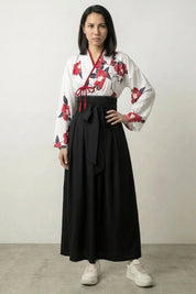 Robe japonaise fille Etsuko motif floral noire manches longues style streetwear japonais Japanstreet