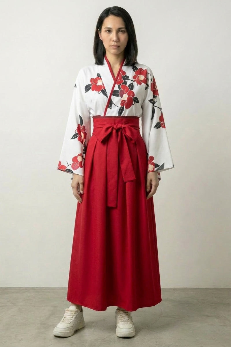 Robe japonaise fille Etsuko motif floral rouge manches longues style streetwear japonais Japanstreet