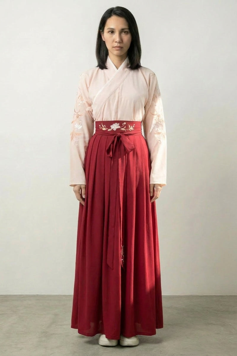 Robe japonaise grande taille Mizuki, hanfu à boléro rose pâle et longue jupe rouge taille haute - Japanstreet