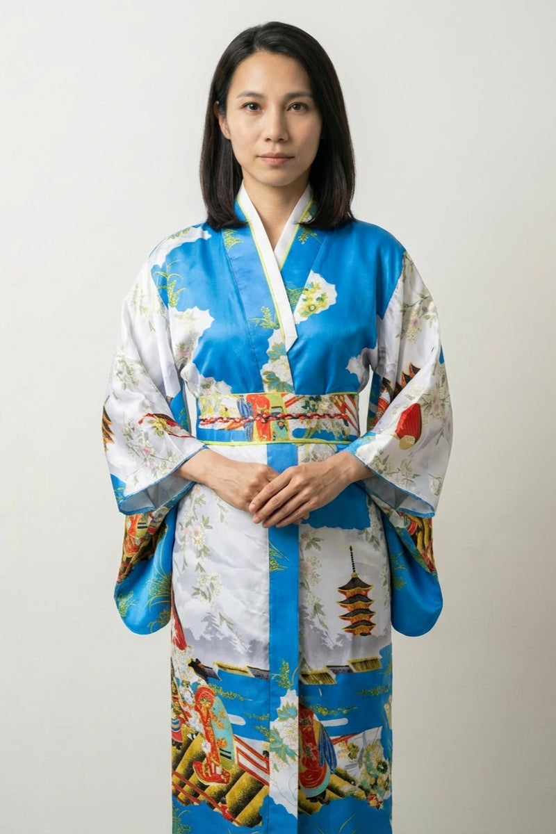 Robe kimono bleu ciel Sora ukiyo-e satin pagodes geishas panneaux nuageux blancs scènes Edo obi taille unique style streetwear japonais Japanstreet