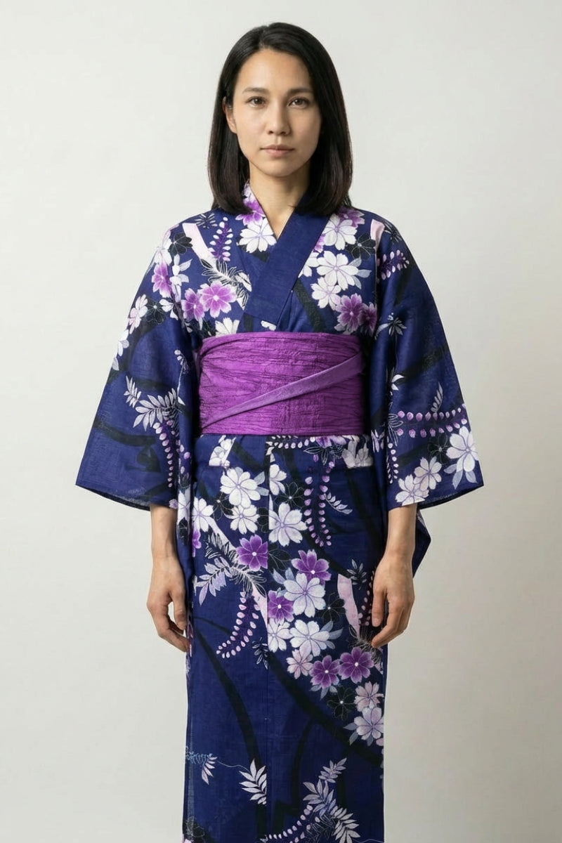 Robe kimono japonaise Fujika indigo motif glycine fuji violet lavande blanc obi violet coton taille unique style streetwear japonais Japanstreet