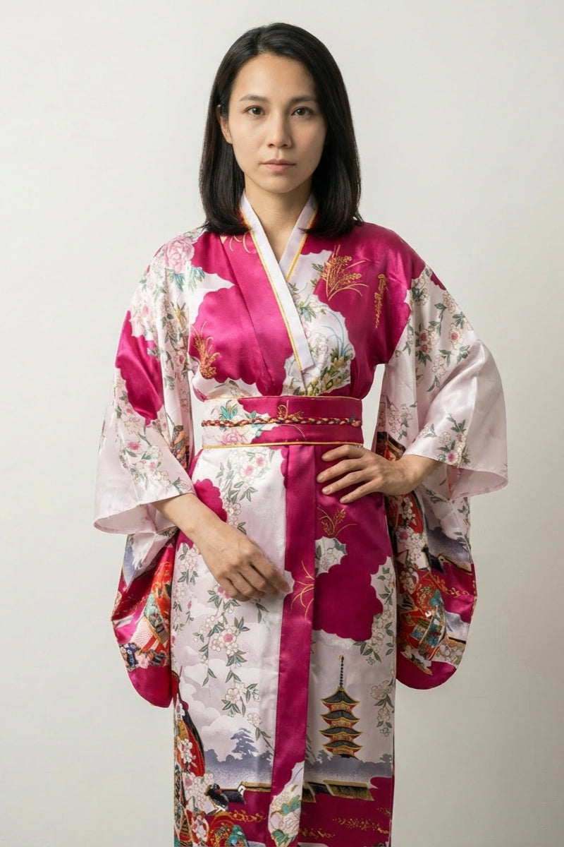 Robe kimono magenta Tomoka satin panneaux bicolores magenta blanc nuageux pagodes sakura brindilles dorées obi liseré rouge style streetwear japonais Japanstreet