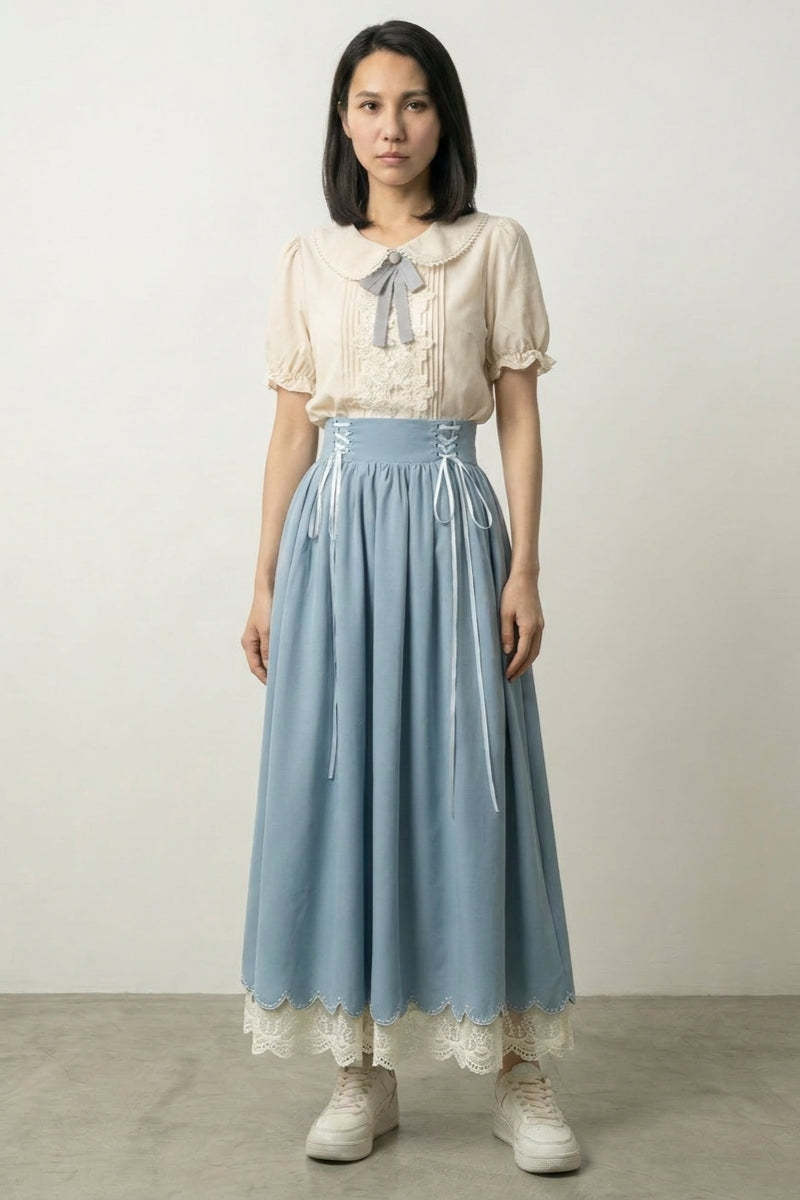 Robe midi bleu poudré Asahana col Claudine dentelle haut crème jupe corset asagi laçage taille haute ourlet festonné Japanstreet