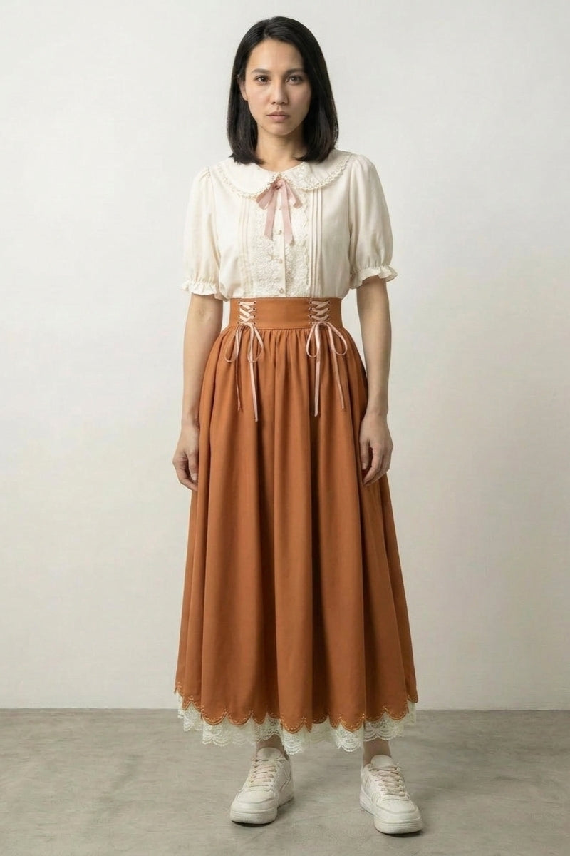 Robe terracotta Kakiha col Claudine dentelle haut crème jupe corset persimmon orange laçage taille haute ourlet festonné Japanstreet