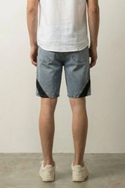 Short denim bicolore japonais vue de dos inserts contrastés design two-tone Japanstreet