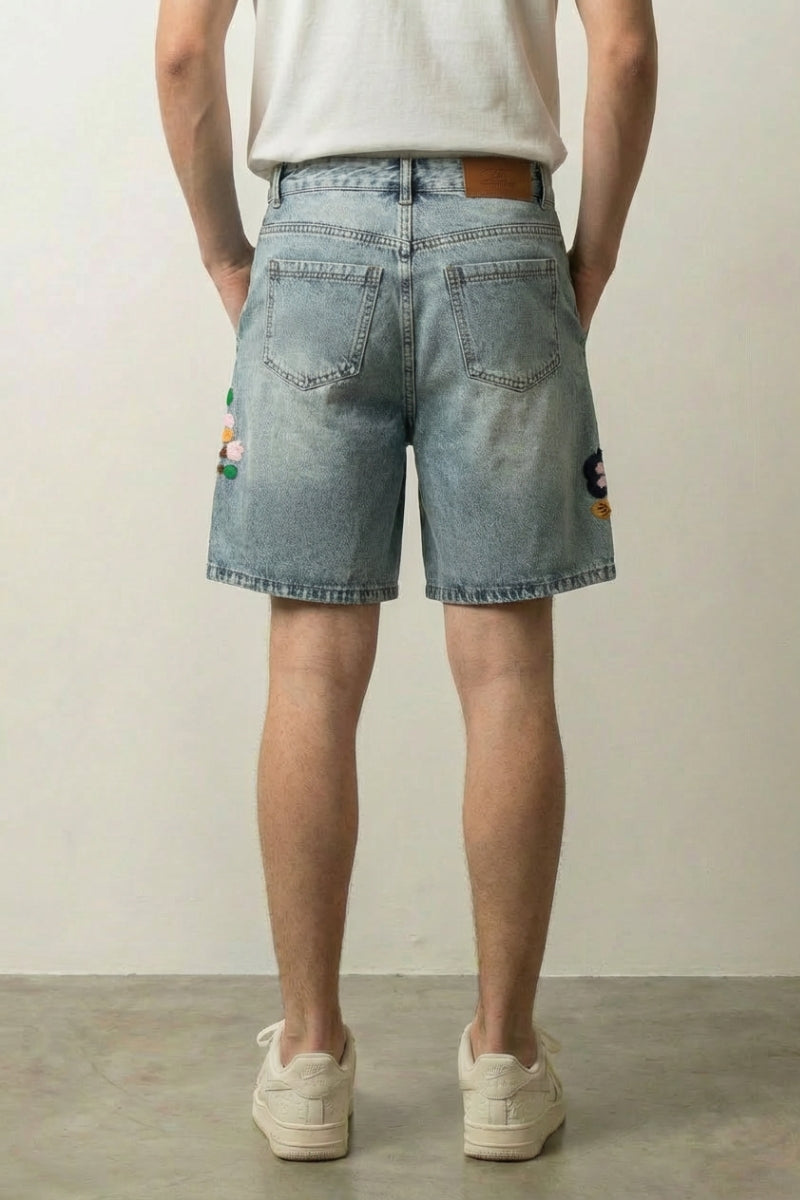 Short denim brodé japonais vue de dos broderies florales multicolores Japanstreet