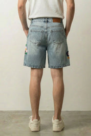 Short denim brodé japonais vue de dos broderies florales multicolores Japanstreet