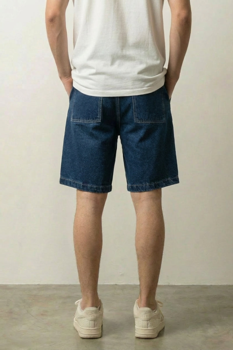 Short denim brut japonais vue de dos coupe baggy denim épais bleu indigo Japanstreet