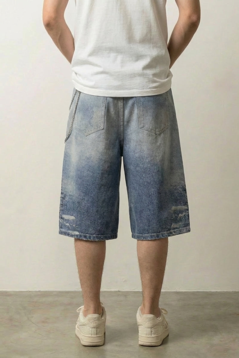 Short denim custom japonais vue de dos broderies multiples sur denim clair Japanstreet