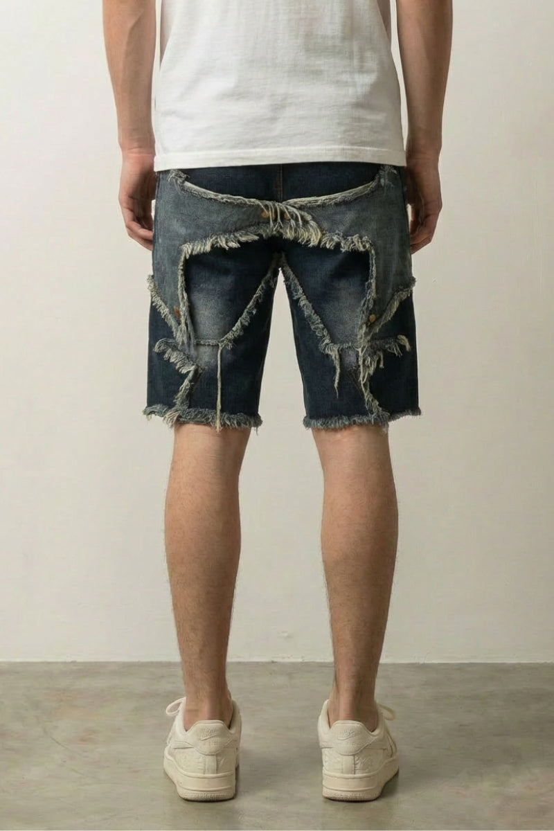 Short denim Destroy japonais vue de dos délavages prononcés et finitions destroy Japanstreet