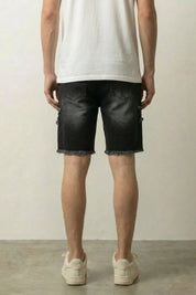 Short denim étoile japonais vue de dos patchs star effilochés sur denim foncé Japanstreet