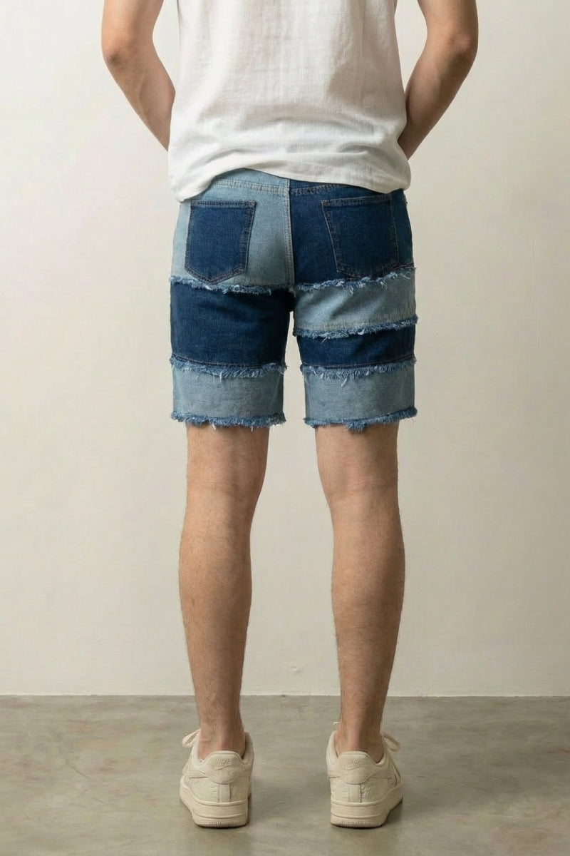 Short denim frangé japonais vue de dos panneaux superposés bicolores effilochés Japanstreet