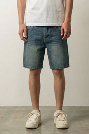 Short denim vintage bleu à délavage profond coupe longue streetwear Japanstreet