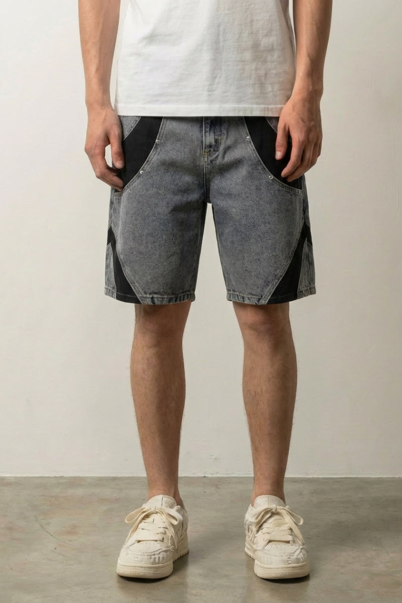 Short en jean bicolore Gris streetwear japonais denim deux tons avec inserts contrastés latéraux Japanstreet