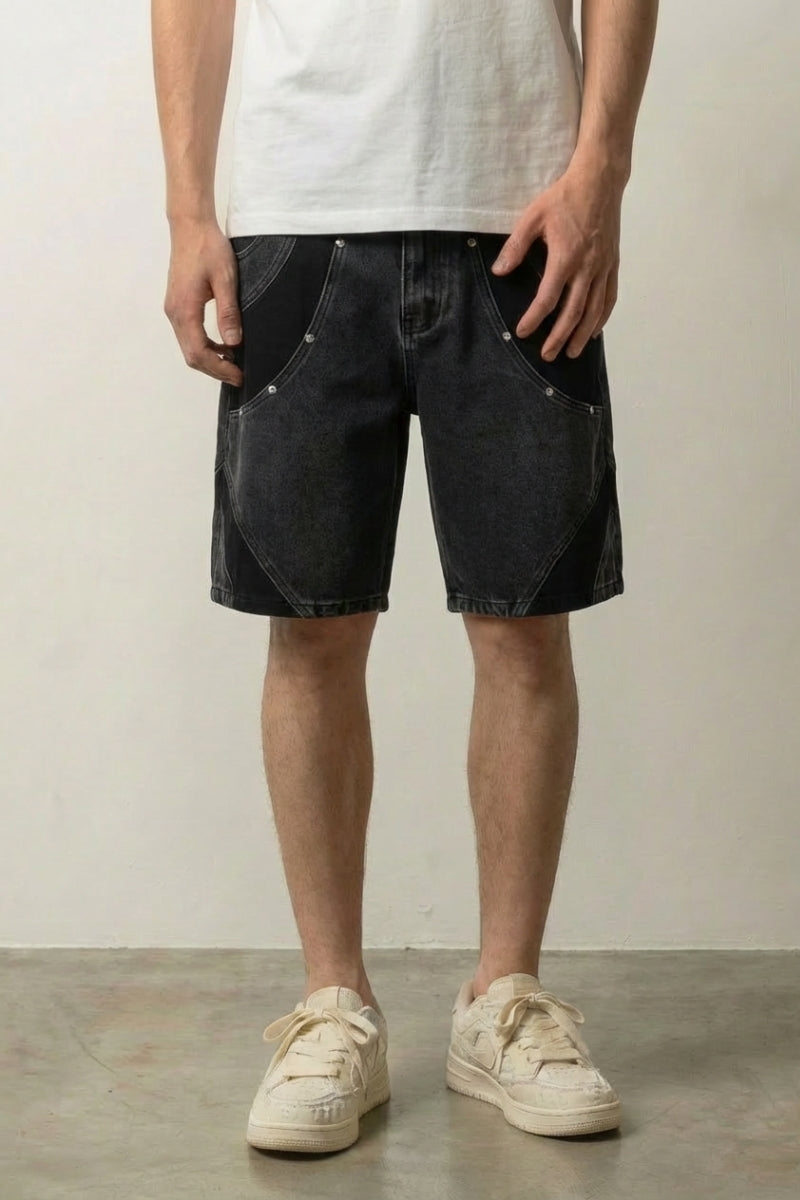Short en jean bicolore Noir streetwear japonais denim deux tons à inserts contrastés Japanstreet