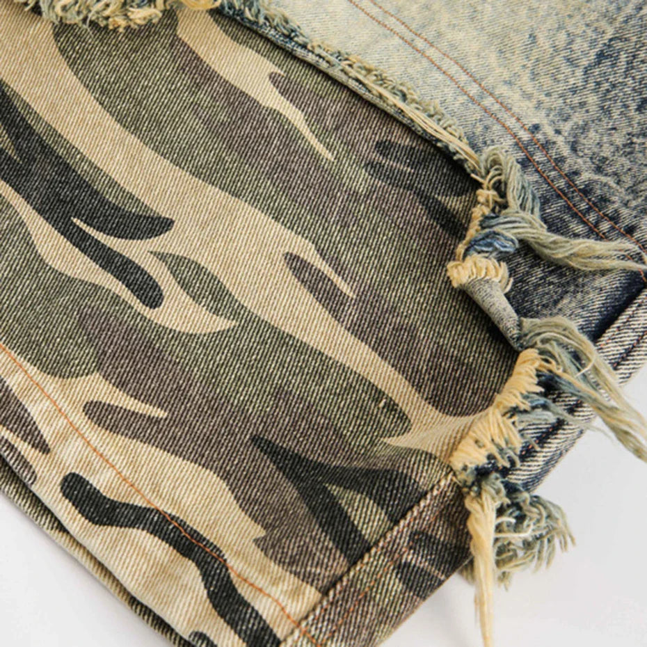 Short en jean camo bicolore streetwear urbain à finition camo y2k Japanstreet