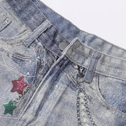 Short en jean custom détail patches et broderies originales streetwear Japanstreet