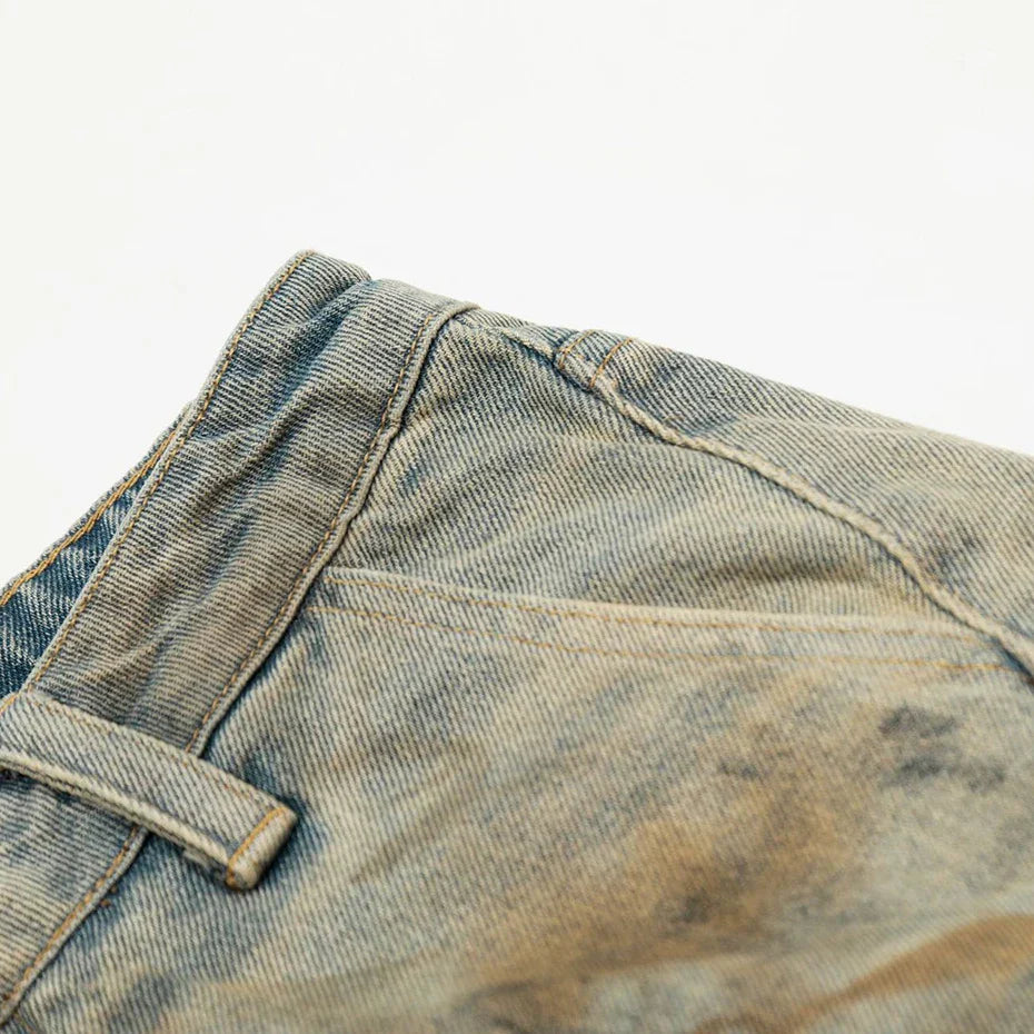 Short en jean délavé acid wash beige détail poches latérales streetwear Japanstreet