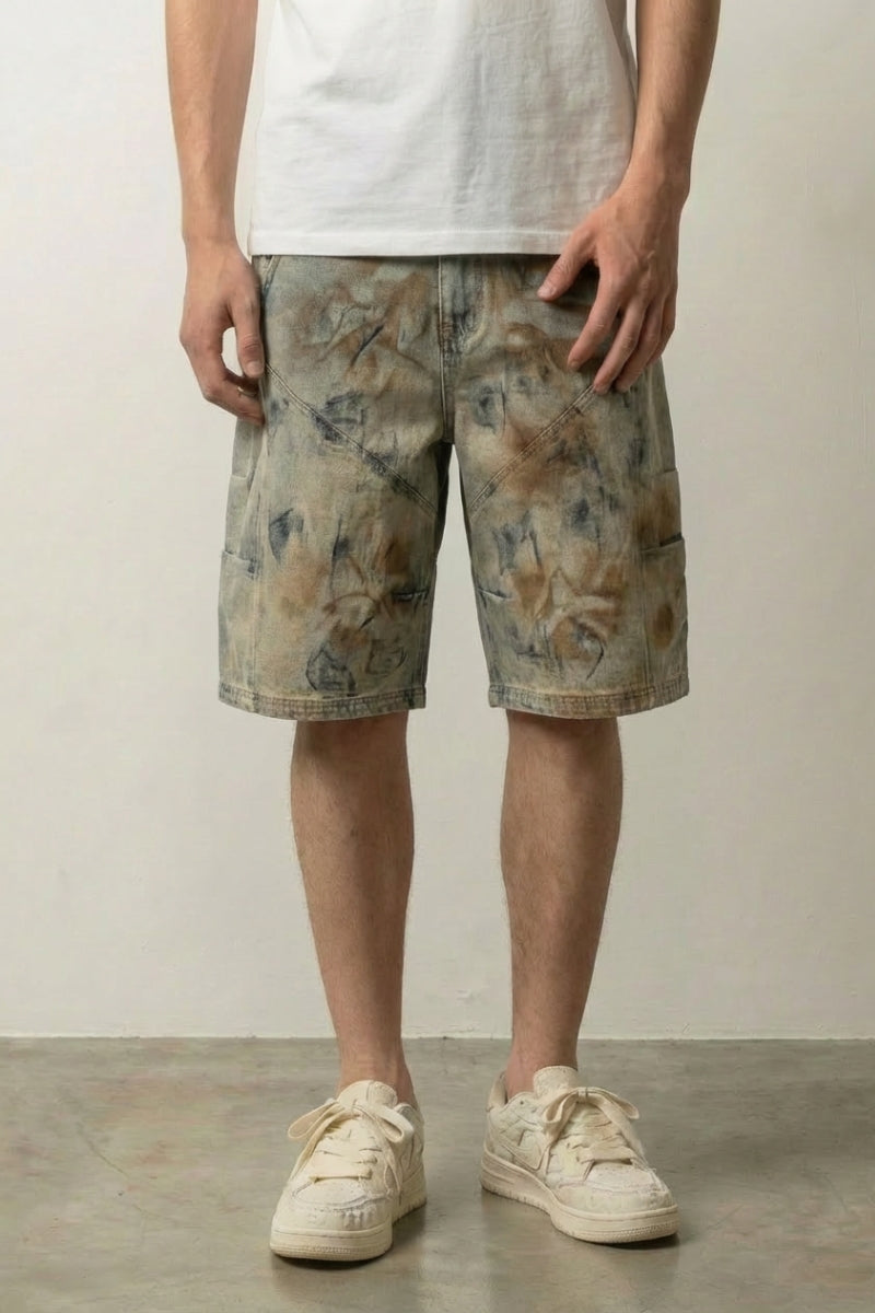 Short en jean délavé streetwear japonais acid wash beige et brun coupe baggy Japanstreet