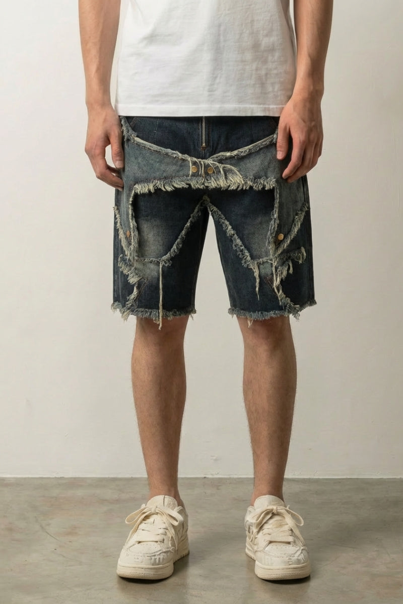 Short en jean Destroy streetwear japonais à coutures effilochées en étoile sur denim foncé Japanstreet