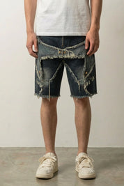 Short en jean Destroy streetwear japonais à coutures effilochées en étoile sur denim foncé Japanstreet