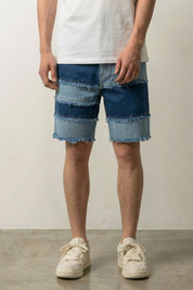 Short en jean frangé streetwear japonais à bandes horizontales denim et effets effilochés Japanstreet