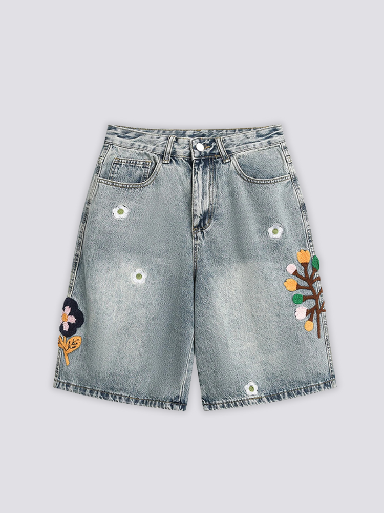 Short en jean japonais brodé détail des broderies marguerites et tulipes Japanstreet