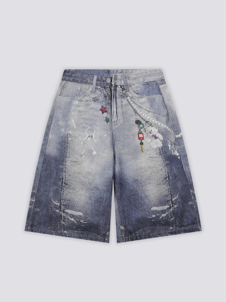 Short en jean japonais custom détail des broderies fleurs et patches y2k Japanstreet