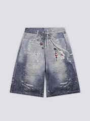 Short en jean japonais custom détail des broderies fleurs et patches y2k Japanstreet