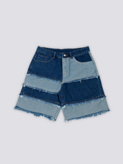 Short en jean japonais frangé détail des coutures patchwork denim clair et foncé Japanstreet