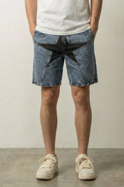 Short en jean patchwork streetwear japonais à insert étoile noire sur denim délavé Japanstreet