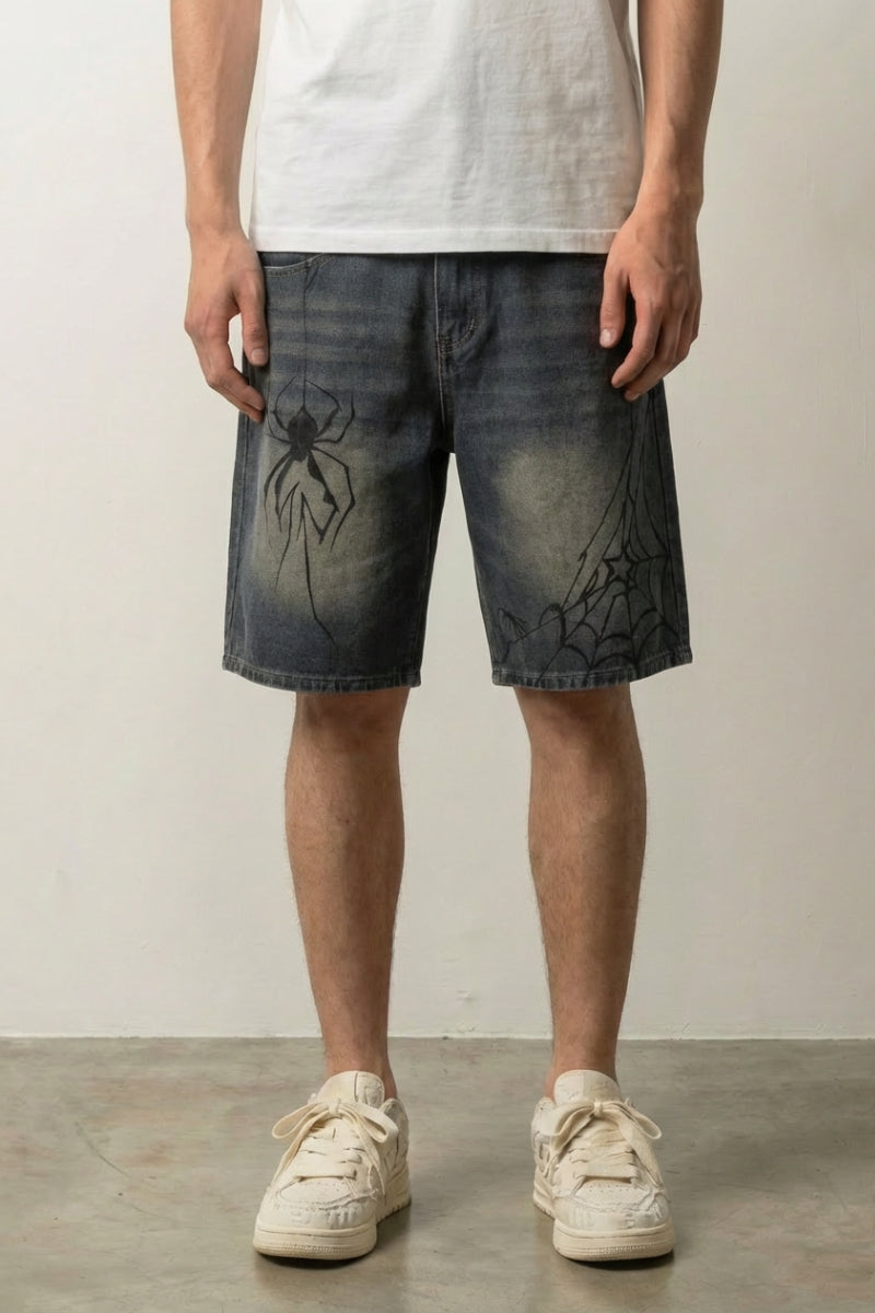 Short en jean Spider streetwear japonais à motif araignée et toile imprimés sur denim délavé Japanstreet
