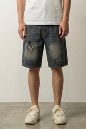 Short en jean Spider délavé, araignée et sa toile imprimées sur la jambe, short streetwear japonais - Japanstreet