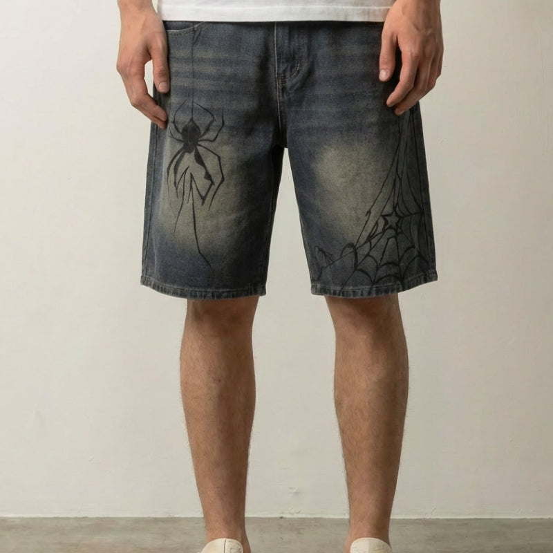 Short en jean Spider streetwear japonais à motif araignée et toile imprimés sur denim délavé Japanstreet