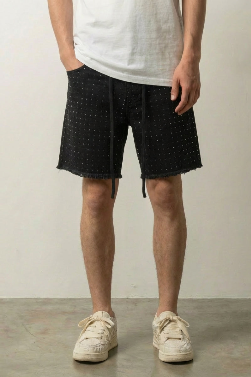 Short en jean strass streetwear japonais denim noir à cristaux scintillants Japanstreet