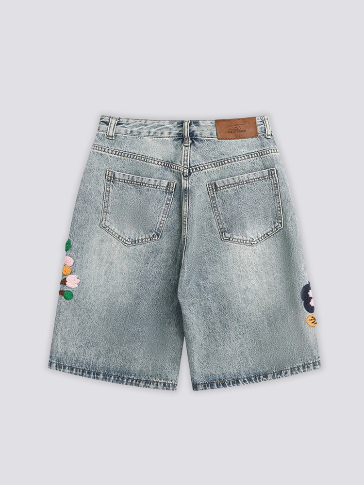 Short jean brodé style harajuku coupe ample délavé clair Japanstreet