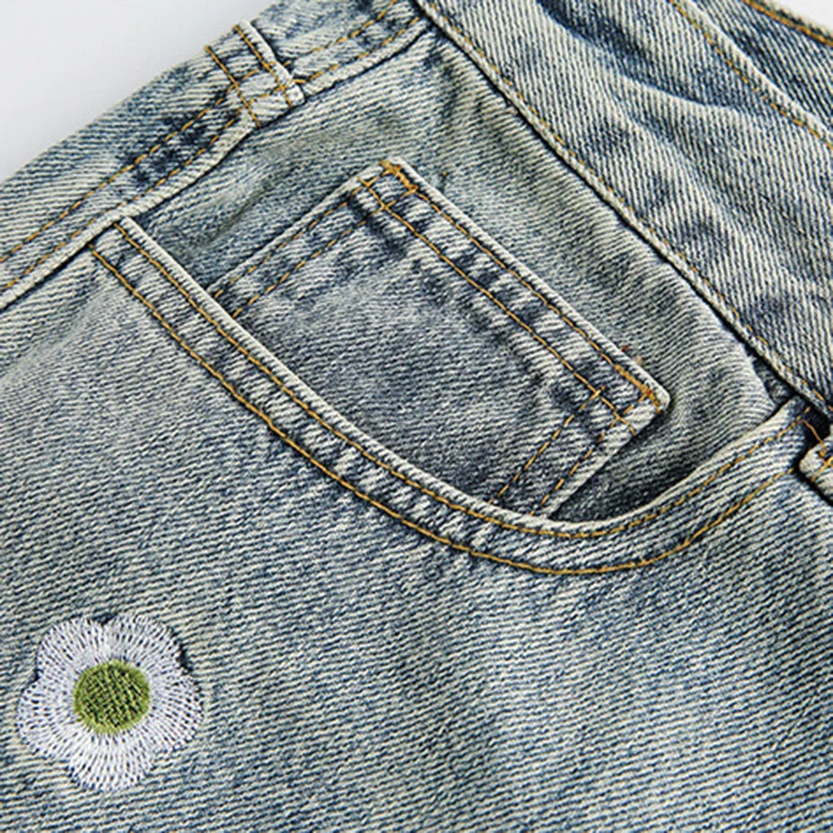Short jean japonais brodé délavé motifs fleuris streetwear nippon Japanstreet