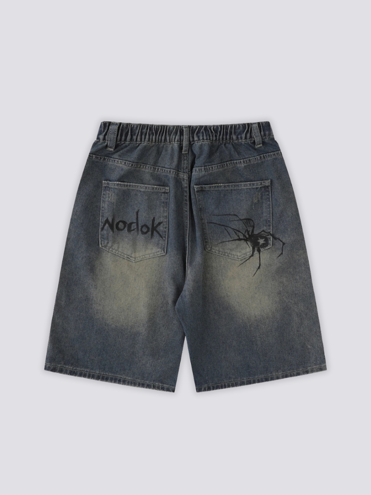 Short jean Spider streetwear coupe longue genou délavée à motif arachnide Japanstreet