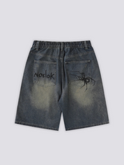 Short jean Spider streetwear coupe longue genou délavée à motif arachnide Japanstreet