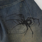 Short Spider en denim délavé à motif araignée et toile street art Tokyo Japanstreet
