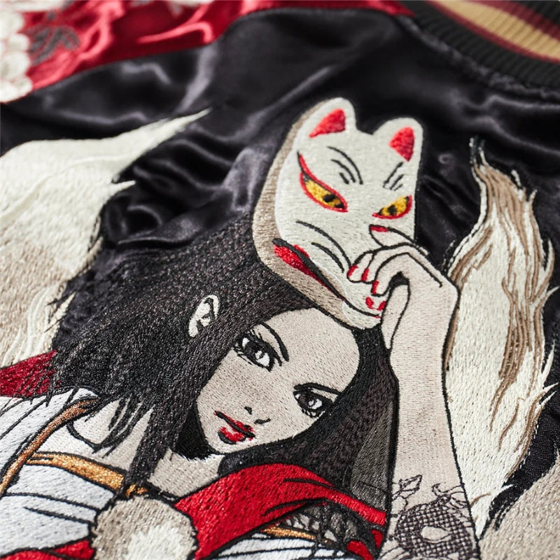 Sukajan Kitsune Akuma no Hana polyester broderie japonaise streetwear japonais Japanstreet