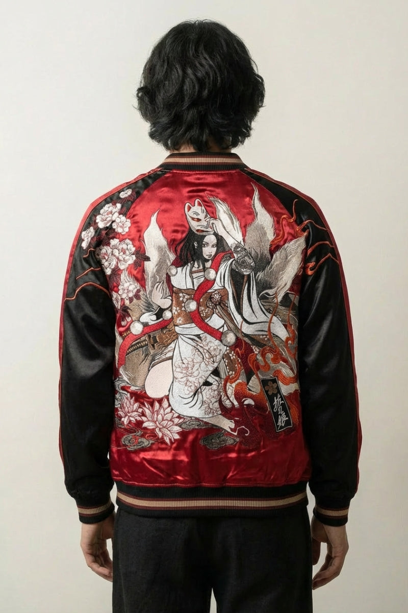 Sukajan Akuma no Hana rouge, broderie dos d'un guerrier monté lancé au galop parmi les fleurs, blouson souvenir japonais - Japanstreet